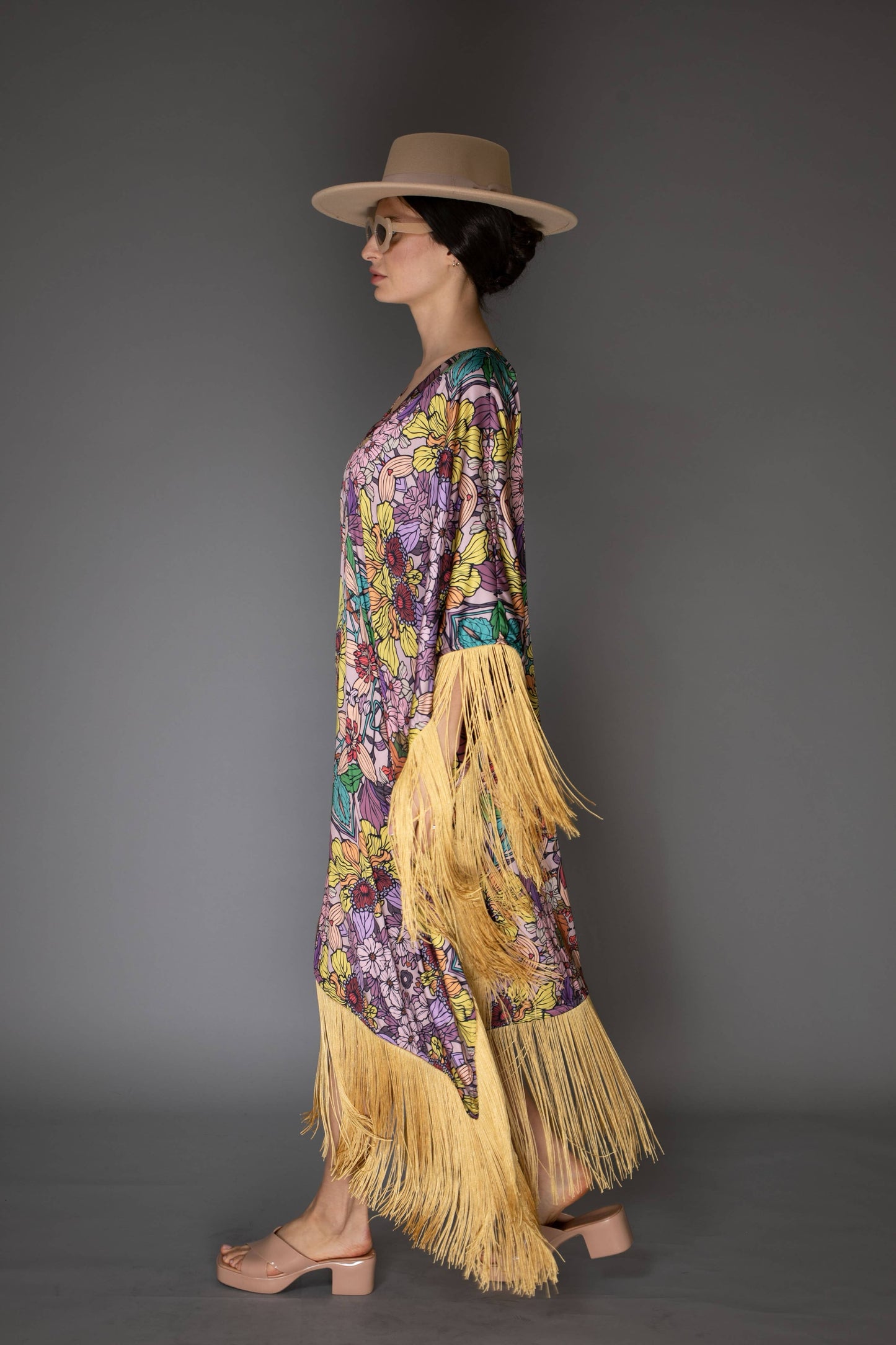 Gold Fringed Floral Satin Long Kaftan Dress