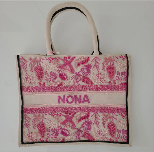 Pink Tropical Custom Beaded Canvas Tote